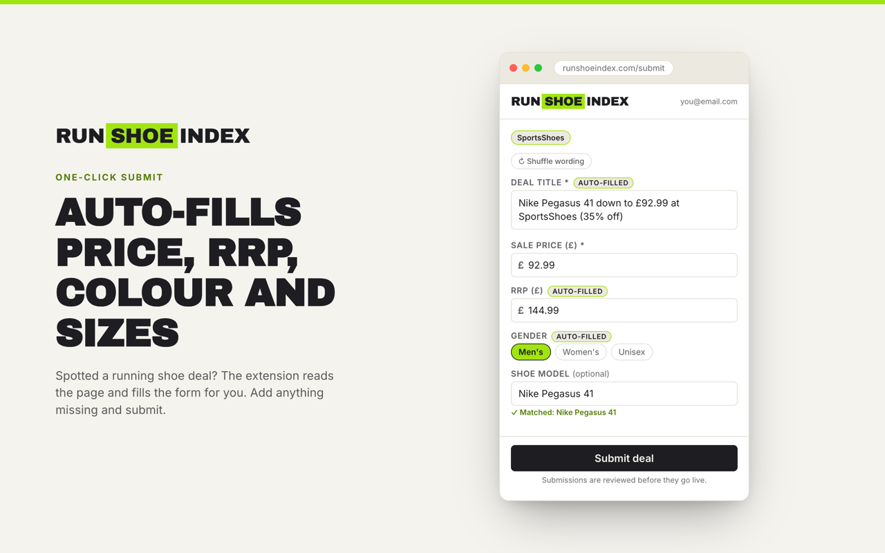 RUNSHOEINDEX extension popup with the deal form auto-filled from a retailer page